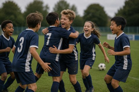 Jugendspieler feiern gemeinsam einen Treffer auf dem Fußballplatz – PLAYARA