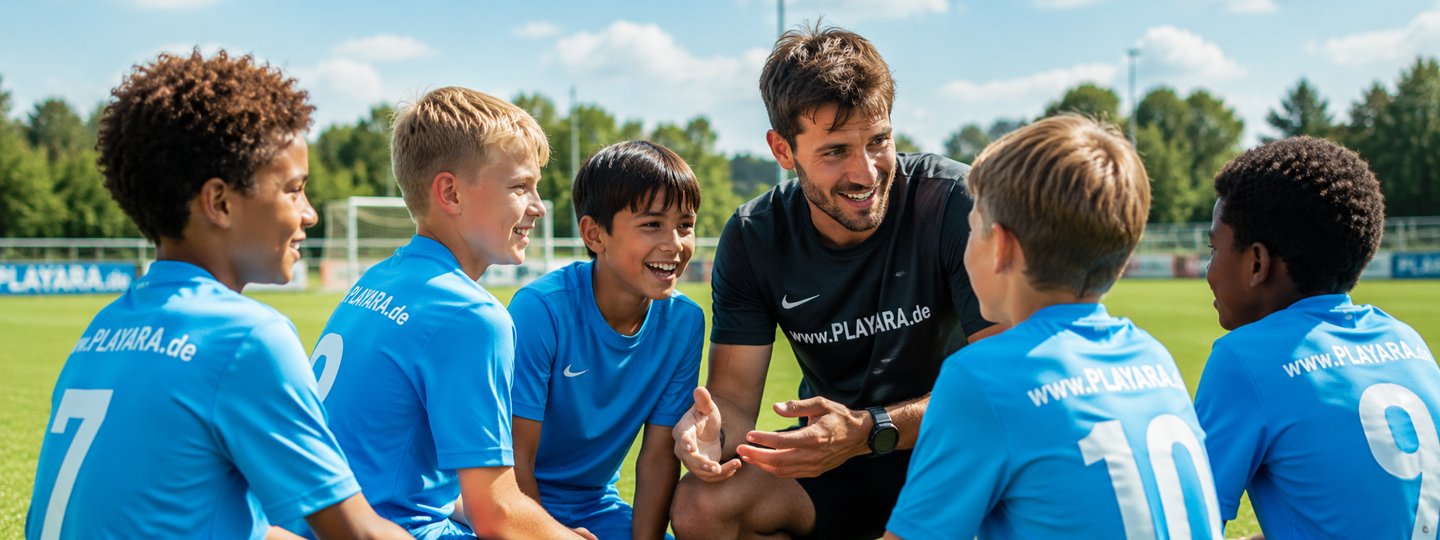 Trainer bespricht Taktik mit seinen Jugendspielern auf dem Fußballplatz – PLAYARA Vereinssoftware
