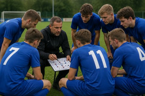 Fußballtrainer erklärt Taktik am Board vor seiner Mannschaft – PLAYARA
